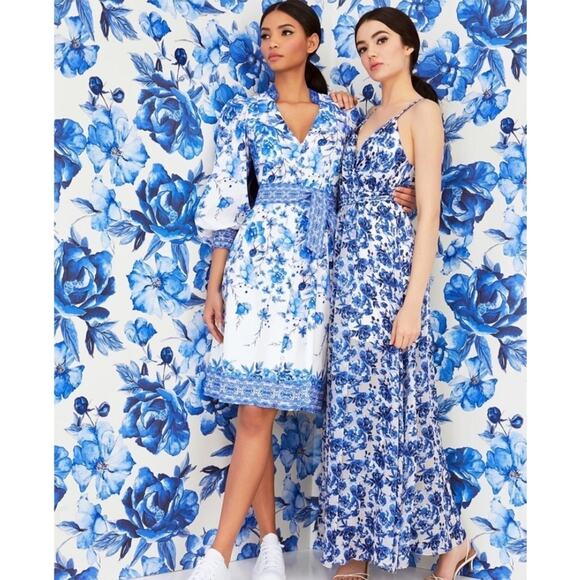 $733 Alice + Olivia Shanley Button-Front Midi Dress Waist TiesGreek Tile Blue 0 - Picture 1 of 16